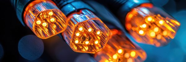 An Illuminated fiber optic cables with vibrant orange lights and hexagonal ends